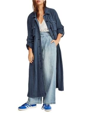 Free People Womens Casual Indigo Denim Rainz Cuffed Cargo Duster Jacket Dress SM